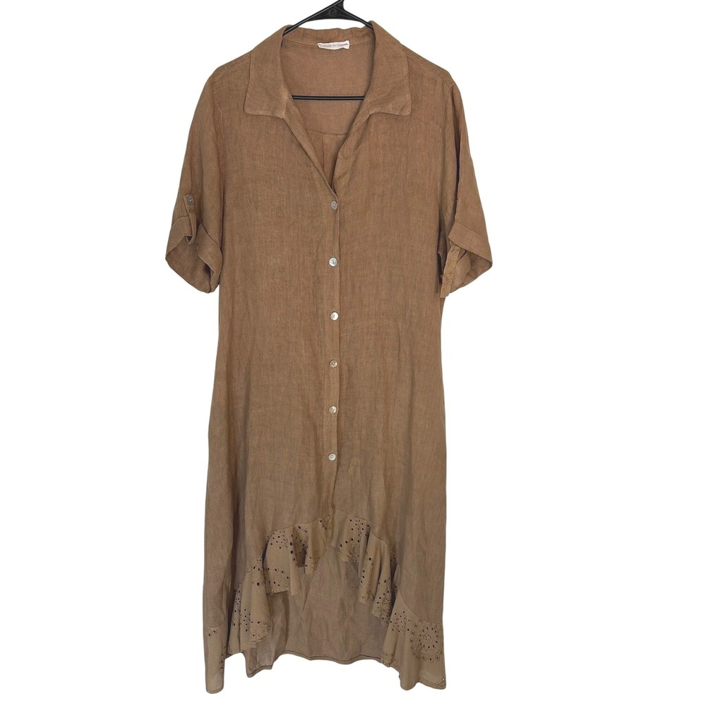 Made in Italy Womens Brown Lagenlook Maxi‎ Linen Shirt Dress Eyelet Hem OS Boho